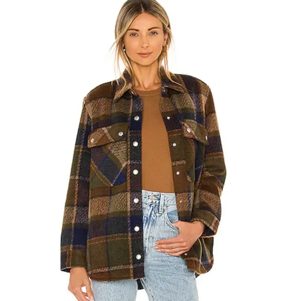 BlankNYC Hit The Trail Shacket Flannel Brown Green Navy Sz M - Picture 1 of 12